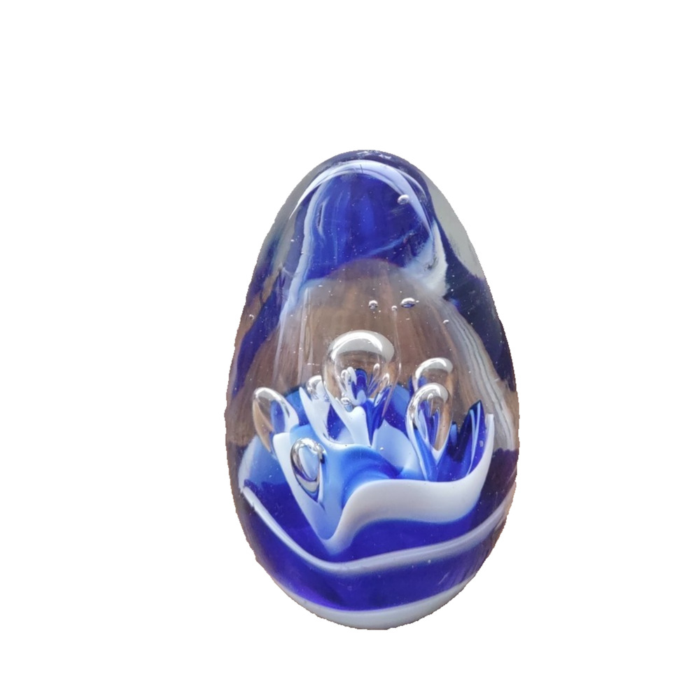 Hand Blown Bule White Clear Glass Egg Shaped Paperweight 3.75" Collectible Vtg
